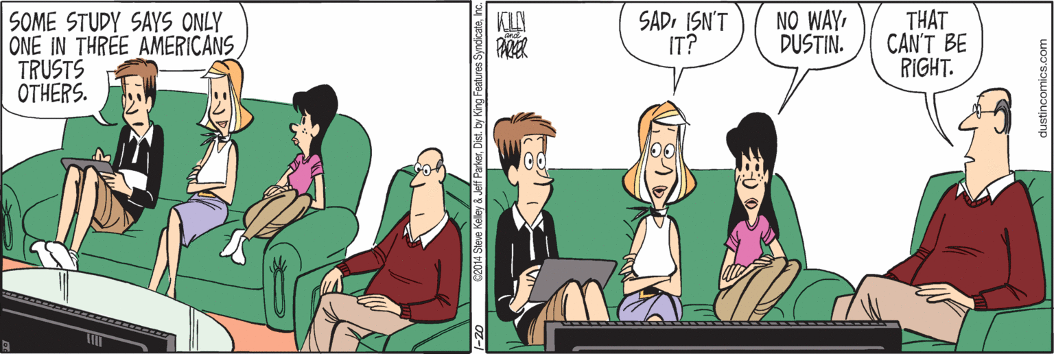 Animation OCR: SOME STUDY SAYS ONLY ONE IN THRÉE AMERICANS TRUSTS OTHERS. SADISN'T IT? NO WAYDUSTIN. THAT CAN'T BE RIGHT. 00 2014 Steve Kelley & Jeff ParkerSOME STUDY SAYS ONLY ONE IN THRÉE AMERICANS TRUSTS OTHERS. SADISN'T IT? NO WAYDUSTIN. THAT CAN'T BE RIGHT. 00 2014 Steve Kelley & Jeff ParkerDist. by King Features Syndicate