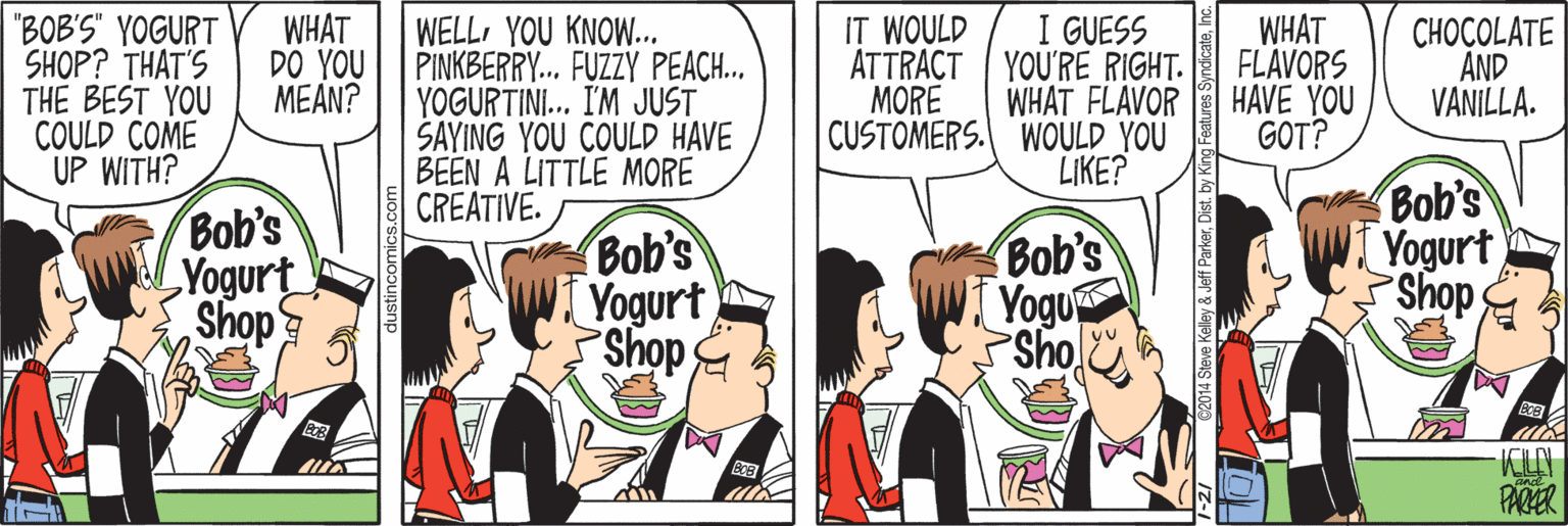 Comic book OCR: I GUESS ATTRACT YOU'RE RIGHT. WHAT FLAVOR CUSTOMERS. WOULD YOU LIKE? IT WOULD "BOB'S" YOGURT SHOP? THAT'S THE BEST YOU COULD COME UP WITH? WHAT DO YOU MEAN? WELLYOU KNOW.. PINKBERRY. FUZZY PEACH.. YOGURTINI. I'M JUST SAYING YOU COULD HAVE BEEN A LITTLE MORE CREATIVE. WHAT FLAVORS HAVE YOU GOT? CHOCOLATE AND VANILLA. MORE Bob's Yogurt Shop Bob's Yogurt Shop Bob's Yogu Sho Bob's Yogurt Shop yu PARER 7-2/ G2014 Steve Kelley & Jeff ParkerIc. I GUESS ATTRACT YOU'RE RIGHT. WHAT FLAVOR CUSTOMERS. WOULD YOU LIKE? IT WOULD "BOB'S" YOGURT SHOP? THAT'S THE BEST YOU COULD COME UP WITH? WHAT DO YOU MEAN? WELLYOU KNOW.. PINKBERRY. FUZZY PEACH.. YOGURTINI. I'M JUST SAYING YOU COULD HAVE BEEN A LITTLE MORE CREATIVE. WHAT FLAVORS HAVE YOU GOT? CHOCOLATE AND VANILLA. MORE Bob's Yogurt Shop Bob's Yogurt Shop Bob's Yogu Sho Bob's Yogurt Shop yu PARER 7-2/ G2014 Steve Kelley & Jeff ParkerDist. by King Features Syndicate
