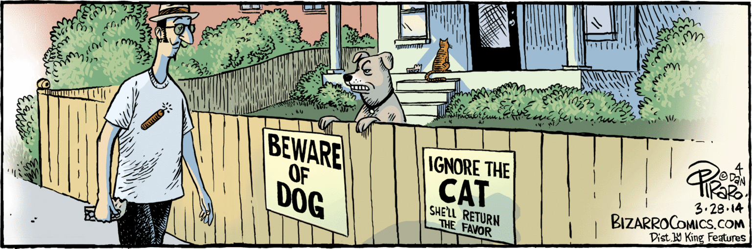 Comics OCR: BEWARE IGNORE THE OF CAT DOG SHELL RETURN THE FAVOR Pr 3.28.14 Dist W King Features BIZARROCOMICS.COM BEWARE IGNORE THE OF CAT DOG SHELL RETURN THE FAVOR Pr 3.28.14 Dist W King Features BIZARROCOMICS.COM