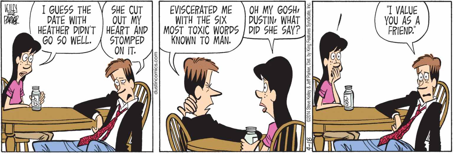 Comics OCR: I GUESS THE DATE WITH OH MY GOSHWHAT SHE CUT OUT MY HEATHER DIDN'T HEART AND STOMPED ON IT. EVISCERATED ME WITH THE SIX MOST TOXIC WORDS DID SHE SAY? KNOWN TO MAN. "I VALUE YOU AS A FRIEND." GO SO WELL. 2014 Steve Kelley & Jeff ParkerDist. by King Fea I GUESS THE DATE WITH OH MY GOSHWHAT SHE CUT OUT MY HEATHER DIDN'T HEART AND STOMPED ON IT. EVISCERATED ME WITH THE SIX MOST TOXIC WORDS DID SHE SAY? KNOWN TO MAN. "I VALUE YOU AS A FRIEND." GO SO WELL. 2014 Steve Kelley & Jeff ParkerDist. by King Fea