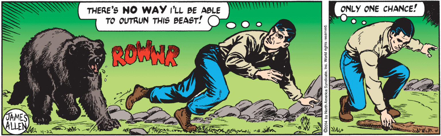 Illustration OCR: ONLY ONE CHANCE! THERE'S NO WAY I'LL BE ABLE TO OUTRUN THIS BEAST! RotMR JAMEST ALLENMA2 ONLY ONE CHANCE! THERE'S NO WAY I'LL BE ABLE TO OUTRUN THIS BEAST! RotMR JAMEST ALLENMA2