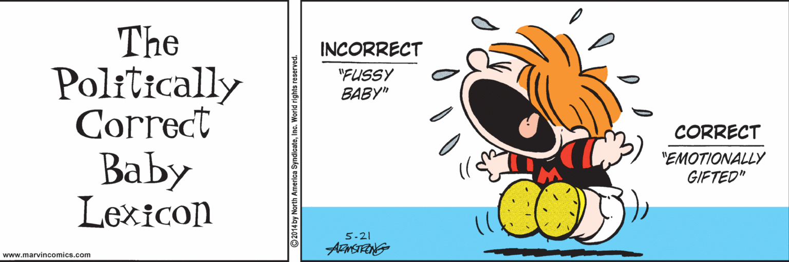 Graphics OCR: The Politically Correct Baby Lexicon INCORRECT "FUSSY BABY" CORRECT "EMOTIONALLY GIFTED" 5-21 www.marvincomics.com ©2014 by North America Synd The Politically Correct Baby Lexicon INCORRECT "FUSSY BABY" CORRECT "EMOTIONALLY GIFTED" 5-21 www.marvincomics.com ©2014 by North America Synd