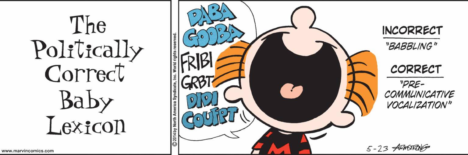 Logo OCR: The Politically Correct Baby Lexicon PABA GOOBA FRIBI GRBT INCORRECT "BABBLING" CORRECT "PRE- COMMUNICATIVE VOCALIZATION" COuteT www.marvincomics.com 5-23 ANSTEI ©2014 by North Am The Politically Correct Baby Lexicon PABA GOOBA FRIBI GRBT INCORRECT "BABBLING" CORRECT "PRE- COMMUNICATIVE VOCALIZATION" COuteT www.marvincomics.com 5-23 ANSTEI ©2014 by North Am