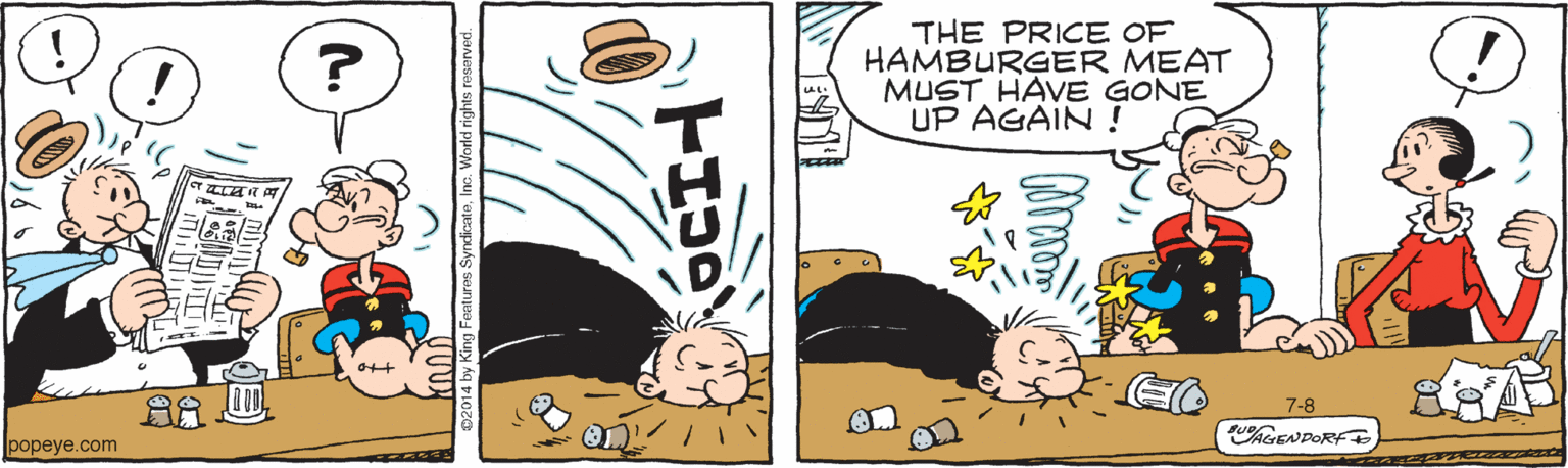 Publication OCR: THE PRICE OF HAMBURGER MEAT MUST HAVE GONE UP AGAIN ! 7-8 popeye.com ?9) THE PRICE OF HAMBURGER MEAT MUST HAVE GONE UP AGAIN ! 7-8 popeye.com ? 9 )
