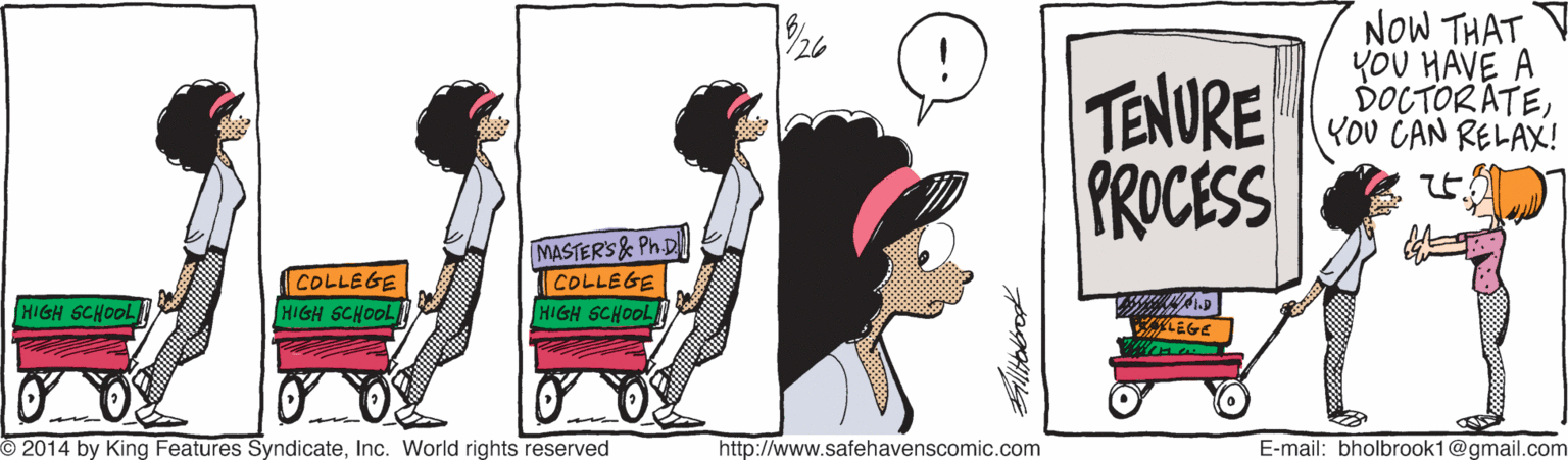 Illustration OCR: NOW THAT YOU HAVE A DOCTORATEYOU CAN RELAX! TENURE PROCESS COLLEGE HIGH SCHOOL MASTERS& Ph.D COLLEGE HIGH SCHOOL HIGH SCHOOL EGE O2014 by King Features SyndicateInc. World rights reserved http://www.safehavenscomic.com E-mail: bholbrook1@gmail.com NOW THAT YOU HAVE A DOCTORATEYOU CAN RELAX! TENURE PROCESS COLLEGE HIGH SCHOOL MASTERS& Ph.D COLLEGE HIGH SCHOOL HIGH SCHOOL EGE O2014 by King Features SyndicateInc. World rights reserved http://www.safehavenscomic.com E-mail: bholbrook1@gmail.com