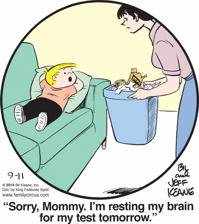 Circle OCR: BIL 9-11 JEFF CEANE © 2014 Bil KeaneInc. Dist. by King Features Synd. www.familycircus.com "SorryMommy. I'm resting my brain for my test tomorrow." BIL 9-11 JEFF CEANE © 2014 Bil KeaneInc. Dist. by King Features Synd. www.familycircus.com "SorryMommy. I'm resting my brain for my test tomorrow."