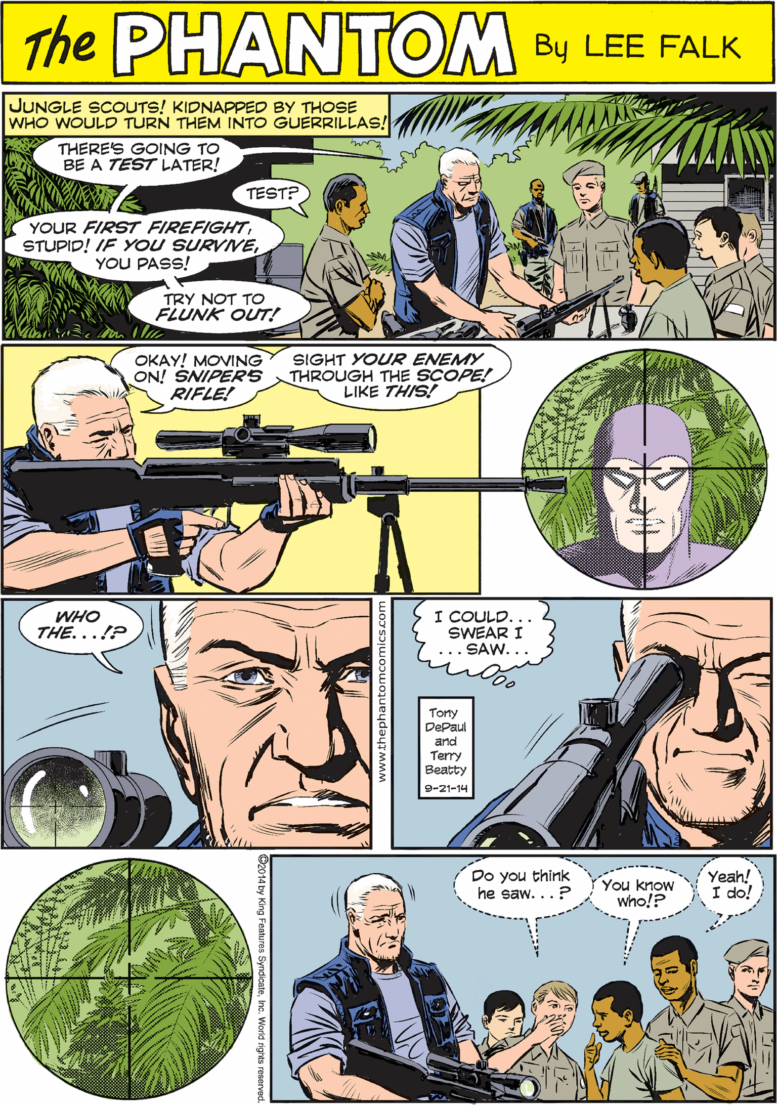 Machine gun OCR: JUNGLE SCOUTS! KIDNAPPED BY THOSE WHO WOULD TURN THEM INTO GUERRILLAS! THE PHANTEM THERE'S GOING TO BE A TEST LATER! TEST? CREATED BY LEE FALK YOUR FIRST FIREFIGHTYOU PASS! TRY NOT TO FLUNK OUT! OKAY! MOVING ON! SNIPERS RIFLE! SIGHT YOUR ENEMY THROUGH THE SCOPE! LIKE THIS! WHO THE...!? I COULD. SWEAR I ... SAW... Do you think he saw...? You know Who!? Yeah! I do! Tonry DePaul and Terry ?eatty 9-21-14 rights reserver JUNGLE SCOUTS! KIDNAPPED BY THOSE WHO WOULD TURN THEM INTO GUERRILLAS! THE PHANTEM THERE'S GOING TO BE A TEST LATER! TEST? CREATED BY LEE FALK YOUR FIRST FIREFIGHTSTUPID! IF YOU SURVNEYOU PASS! TRY NOT TO FLUNK OUT! OKAY! MOVING ON! SNIPERS RIFLE! SIGHT YOUR ENEMY THROUGH THE SCOPE! LIKE THIS! WHO THE...!? I COULD. SWEAR I ... SAW... Do you think he saw...? You know Who!? Yeah! I do! Tonry DePaul and Terry ?eatty 9-21-14 rights reserver