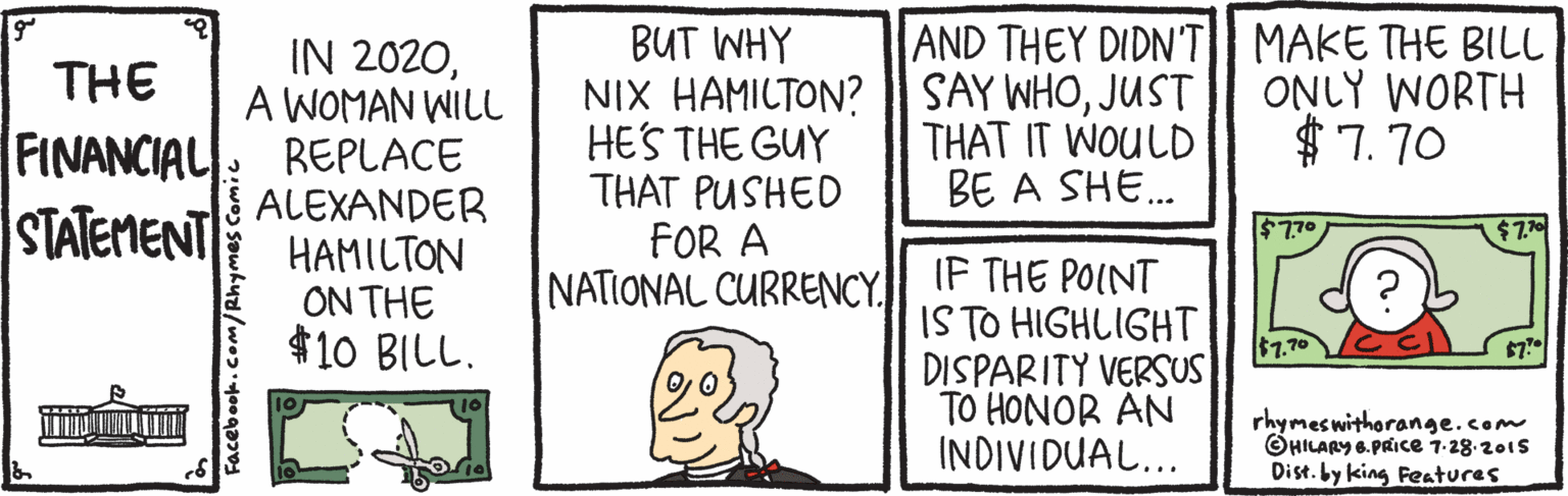 Art OCR: IN 2020A WOMAN WILL REPLACE S ALEXANDER HAMILTON ON THE $10 BILL. BUT WHY NIX HAMILTON? | SAY WHOJUST HES THE GUY THAT PUSHED FOR A NATIONAL CURRENCY.| AND THEY DIDN'T| MAKE THE BILL ONLY WORTH $7.70 THE FINANCIAL STATEMENT THAT IT WOULD BE A SHE.. $770 IF THE POINT IS TO HIGHLIGHT DISPARITY VERSUS TO HONOR AN INDIVIDUAL... $7.70 67 rhymeswithorange.com OHILARY 6.PRIce 7-28.201S Dist. by king Features IN 2020A WOMAN WILL REPLACE S ALEXANDER HAMILTON ON THE $10 BILL. BUT WHY NIX HAMILTON? | SAY WHOJUST HES THE GUY THAT PUSHED FOR A NATIONAL CURRENCY.| AND THEY DIDN'T| MAKE THE BILL ONLY WORTH $7.70 THE FINANCIAL STATEMENT THAT IT WOULD BE A SHE.. $770 IF THE POINT IS TO HIGHLIGHT DISPARITY VERSUS TO HONOR AN INDIVIDUAL... $7.70 67 rhymeswithorange.com OHILARY 6.PRIce 7-28.201S Dist. by king Features