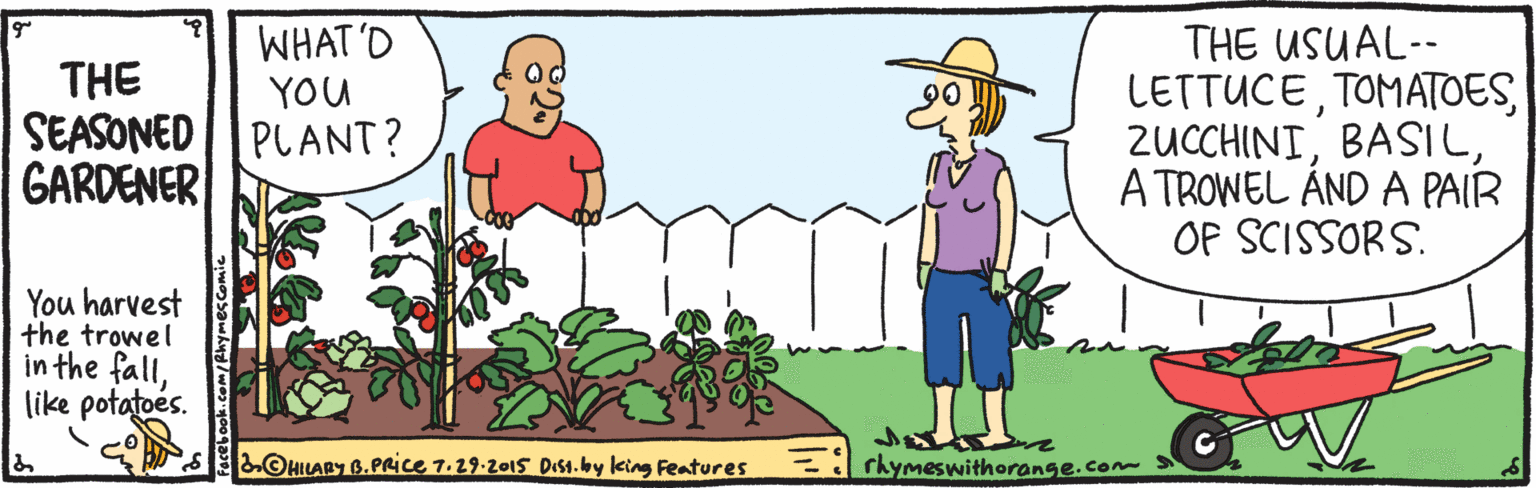 Sharing OCR: WHAT'D THE USUAL-- LETTUCETOMATOES ZUCCHINIA TROWEL ÁND A PAIR OP SCISSORS. THE YOU SEASONED || PLANT? GARDENER You harvest the trowel in the falllike potatoes. LOHILARY B.PRice 7.29.2015 DIst.by king Features = rhymeswithorange.com WHAT'D THE USUAL-- LETTUCETOMATOES ZUCCHINIA TROWEL ÁND A PAIR OP SCISSORS. THE YOU SEASONED || PLANT? GARDENER You harvest the trowel in the falllike potatoes. LOHILARY B.PRice 7.29.2015 DIst.by king Features = rhymeswithorange.com