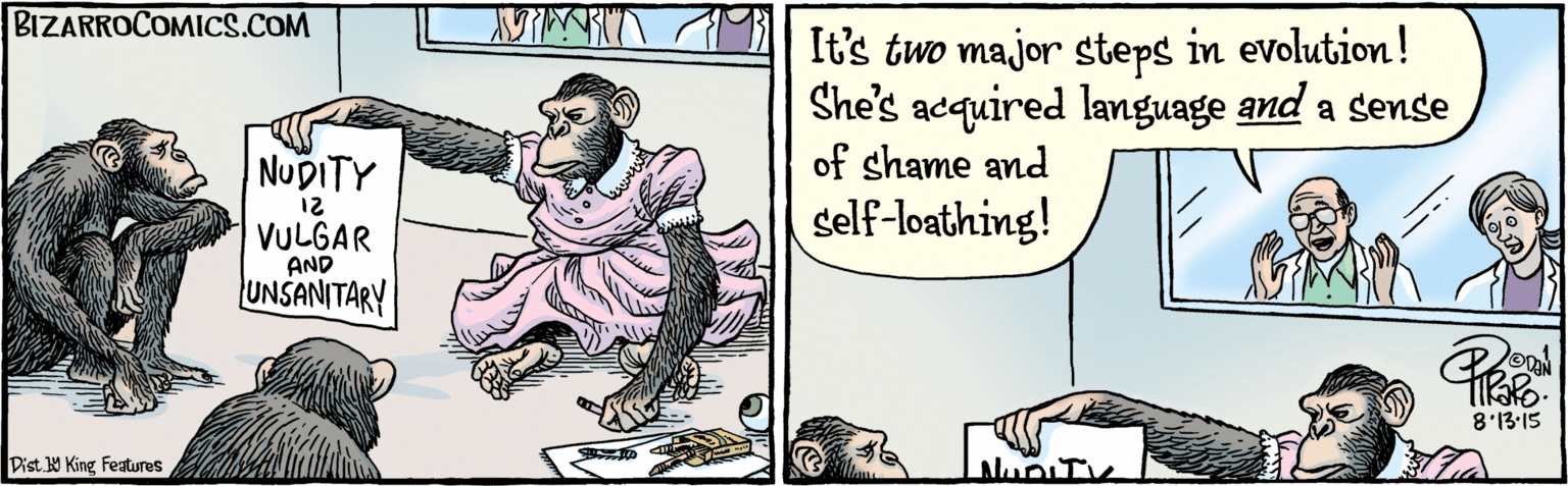 Humour OCR: BIZARRO.COM Facebook.com/BizarroComies Dist Y King features It's two major steps in evolution! She's acquired language and a sense of shame and self-loathing! NUDITY 12 VULGAR AND UNSANITARY 8.13 15 BIZARRO.COM Facebook.com/BizarroComies Dist Y King features It's two major steps in evolution! She's acquired language and a sense of shame and self-loathing! NUDITY 12 VULGAR AND UNSANITARY 8.13 15