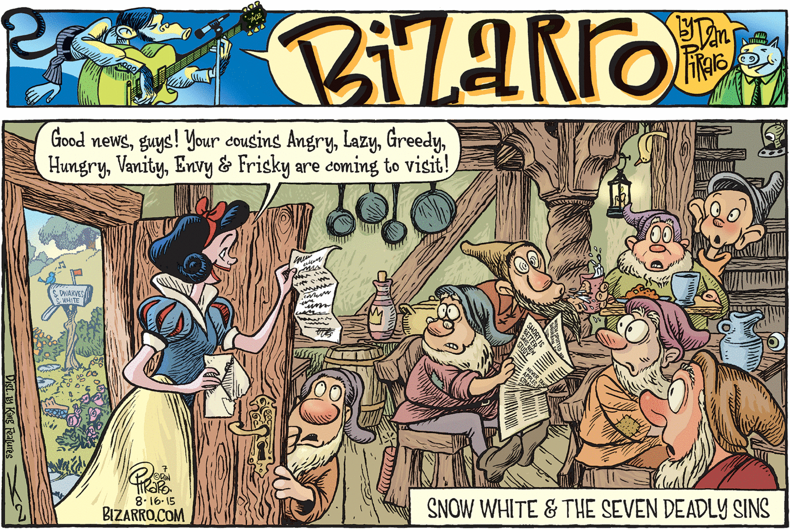 Animated cartoon OCR: Good newsEnvy & Frisky are coming to visit! DIARVES WHITE 8. 16.15 BIZARRO.COM SNOW WHITE & THE SEVEN DEADLY SINS gt. 14 King Features Good newsguys! Your cousins AngryEnvy & Frisky are coming to visit! DIARVES WHITE 8. 16.15 BIZARRO.COM SNOW WHITE & THE SEVEN DEADLY SINS gt. 14 King Features