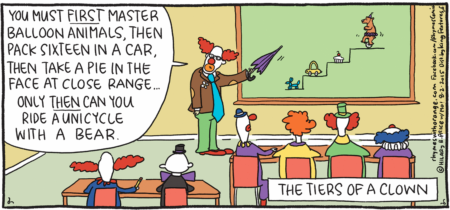 Fictional character OCR: YOU MUST FIRST MASTER BALLOON ANIMALSTHEN PACK SIXTEEN IN A CARTHEN TAKE A PIE IN THE FACE AT CLOSE RANGE. ONLY THEN CAN YOU RIDE A UNICYCLE WITH A BEAR. PSH Rhymes with Orange by HIL ARY B. PRICE THE TIERS OF A CLOWN YOU MUST FIRST MASTER BALLOON ANIMALSTHEN PACK SIXTEEN IN A CARTHEN TAKE A PIE IN THE FACE AT CLOSE RANGE. ONLY THEN CAN YOU RIDE A UNICYCLE WITH A BEAR. PSH Rhymes with Orange by HIL ARY B. PRICE THE TIERS OF A CLOWN