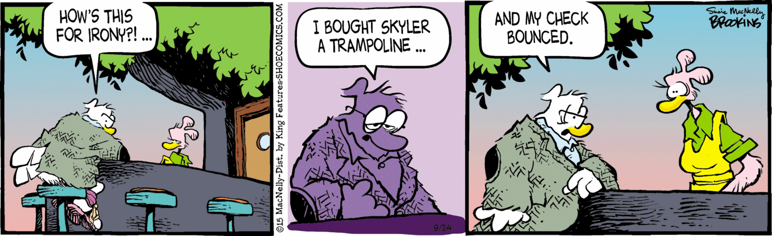 Publication OCR: HOW'S THIS FOR IRONY?! . I BOUGHT SKYLER A TRAMPOLINE . AND MY CHECK BOUNCED. Susie Macklly BrakiNG 15 MacNelly-Dist. by King Features-SHOECOMICS.COM HOW'S THIS FOR IRONY?! . I BOUGHT SKYLER A TRAMPOLINE . AND MY CHECK BOUNCED. Susie Macklly BrakiNG 15 MacNelly-Dist. by King Features-SHOECOMICS.COM