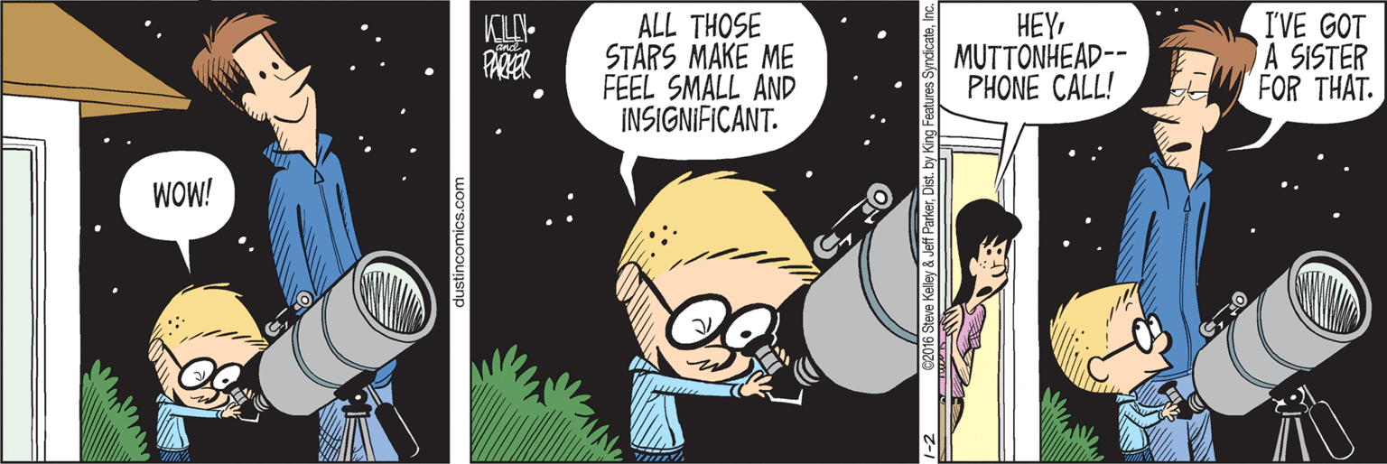 Publication OCR: ALL THOSE STARS MAKE ME FEEL SMALL AND INSIGNIFICANT. HEYMUTTONHEAD-- PHONE CALL! I'VE GOT A SISTER FOR THAT. PRER WOW! ALL THOSE STARS MAKE ME FEEL SMALL AND INSIGNIFICANT. HEYMUTTONHEAD-- PHONE CALL! I'VE GOT A SISTER FOR THAT. PRER WOW!