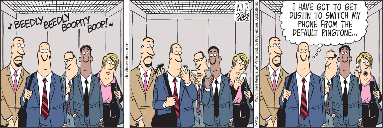 Cartoon OCR: BEEDLYPFEDLY BOOPITY BOOP! I HAVE GOT TO GET DUSTIN TO SWITCH MY PHONE FROM THE DEFAULT RINGTONE. PARKER BEEDLYPFEDLY BOOPITY BOOP! I HAVE GOT TO GET DUSTIN TO SWITCH MY PHONE FROM THE DEFAULT RINGTONE. PARKER