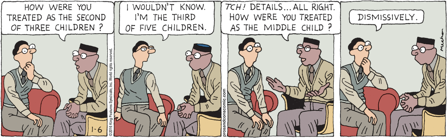Fiction OCR: HOW WERE YOU TREATED AS THE SECOND OF THREE CHILDREN ? | WOULDN'T KNOW. I'M THE THIRD TCH! DETAILS... ALL RIGHT. HOW WERE YOU TREATED AS THE MIDDLE CHILD ? DISMISSIVELY. OF FIVE CHILDREN. 1-6 HOW WERE YOU TREATED AS THE SECOND OF THREE CHILDREN ? | WOULDN'T KNOW. I'M THE THIRD TCH! DETAILS... ALL RIGHT. HOW WERE YOU TREATED AS THE MIDDLE CHILD ? DISMISSIVELY. OF FIVE CHILDREN. 1-6