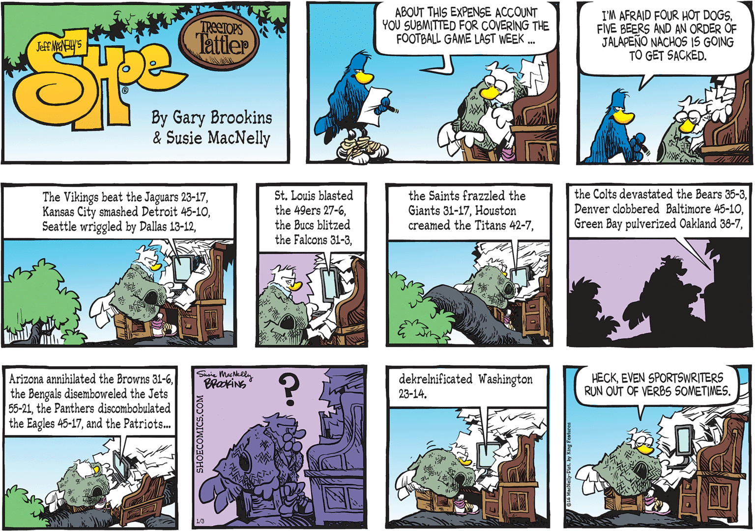 Comic book OCR: The Vikings beat the Jaguars 23-17St. Louis blasted the 49ers 27-6the Bucs blitzed the Falcons 31-3the Saints frazzled the Giants 31-17Houston creamed the Titans 42-7Shaie MacNelly BrackiNG dekrelnificated Washington HECKEVEN SPORTSWRITERS RUN OUT OF VERBS SOMETIMES. Arizona annihilated the Browns 31-6the Bengals disemboweled the Jets 55-21the Panthers discombobulated the Eagles 45-17and the Patriots.. 23-14. 1/3 SHOECOMICS.COM The Vikings beat the Jaguars 23-17Kansas City smashed Detroit 45-10Seattle wriggled by Dallas 13-12St. Louis blasted the 49ers 27-6the Bucs blitzed the Falcons 31-3the Saints frazzled the Giants 31-17Houston creamed the Titans 42-7the Colts devastated the Bears 35-3Denver clobbered Baltimore 45-10Green Bay pulverized Oakland 38-7Shaie MacNelly BrackiNG dekrelnificated Washington HECKEVEN SPORTSWRITERS RUN OUT OF VERBS SOMETIMES. Arizona annihilated the Browns 31-6the Bengals disemboweled the Jets 55-21the Panthers discombobulated the Eagles 45-17and the Patriots.. 23-14. 1/3 SHOECOMICS.COM