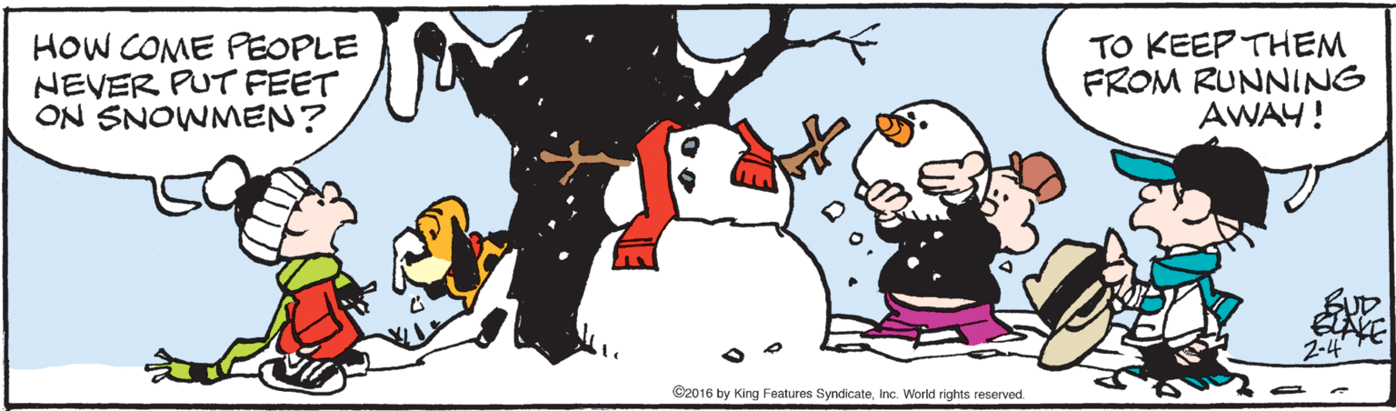 Working animal OCR: HOW COME PEOPLE NEVER PUT FEET ON SNOWMEN? TO KEEP THEM FROM RUNNING AWAY! 2-4 ©2016 by King Features SyndicateInc. World rights reserved HOW COME PEOPLE NEVER PUT FEET ON SNOWMEN? TO KEEP THEM FROM RUNNING AWAY! 2-4 ©2016 by King Features SyndicateInc. World rights reserved