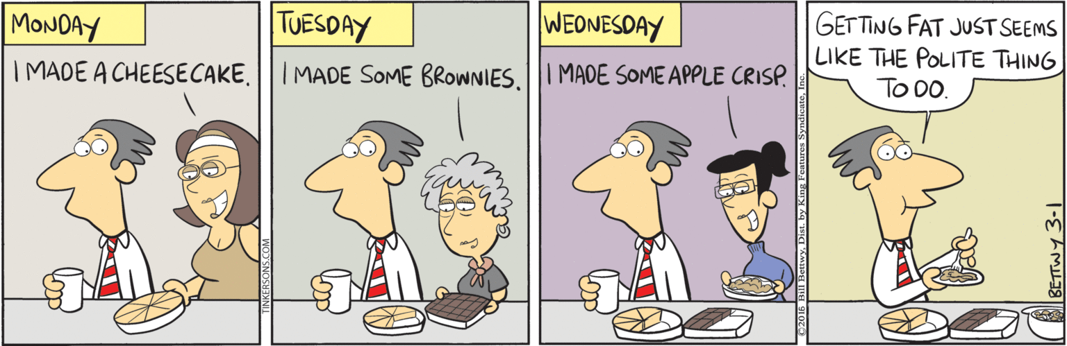 Sharing OCR: GETTING FAT JUST SEEMS LIKE THE POLITE THING TO DO. MONDAY TUESDAY WEONESDAY I MADE A CHEESECAKEI MADE SOME APPLE CRISP. BETTWY3-1 GETTING FAT JUST SEEMS LIKE THE POLITE THING TO DO. MONDAY TUESDAY WEONESDAY I MADE A CHEESECAKEMADE SOME BROWNIESI MADE SOME APPLE CRISP. BETTWY3-1