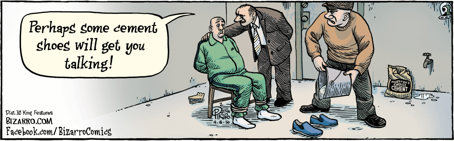 Conversation OCR: BIZARRO.COM Facebook.com/BizarroComies // Dist y King Feaures Perhaps some cement shoes will get you talking! 4.6. 16 BIZARRO.COM Facebook.com/BizarroComies // Dist y King Feaures Perhaps some cement shoes will get you talking! 4.6. 16