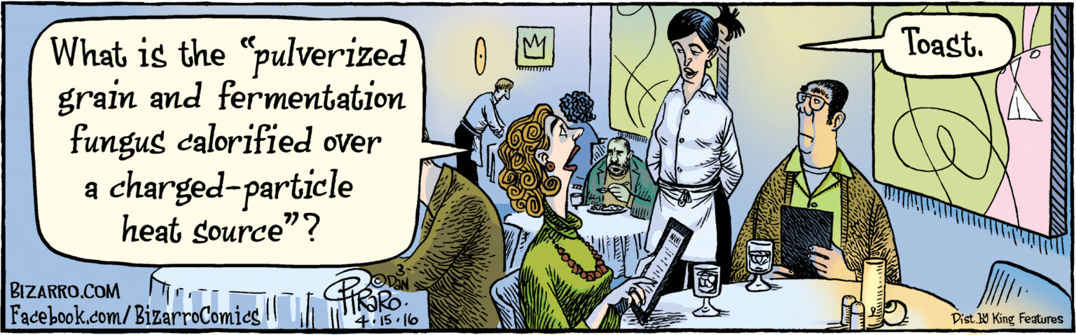 Art OCR: BIZARRO.COM Facebook.com/BizarroComics Dist Y King Features What is the "pulverized grain and fermentation fungus calorified over a charged-particle heat source"? Toast. 4-15-l6 BIZARRO.COM Facebook.com/BizarroComics Dist Y King Features What is the "pulverized grain and fermentation fungus calorified over a charged-particle heat source"? Toast. 4-15-l6