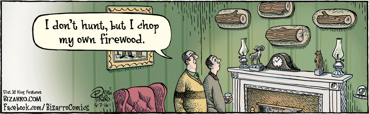 Humour OCR: BIZARRO.COM Facebook.com/ BizarroComies Dist Y King Teatures I don't huntbut I chop my own firewWood. RORO 5.7.16 BIZARRO.COM Facebook.com/ BizarroComies Dist Y King Teatures I don't huntbut I chop my own firewWood. RORO 5.7.16
