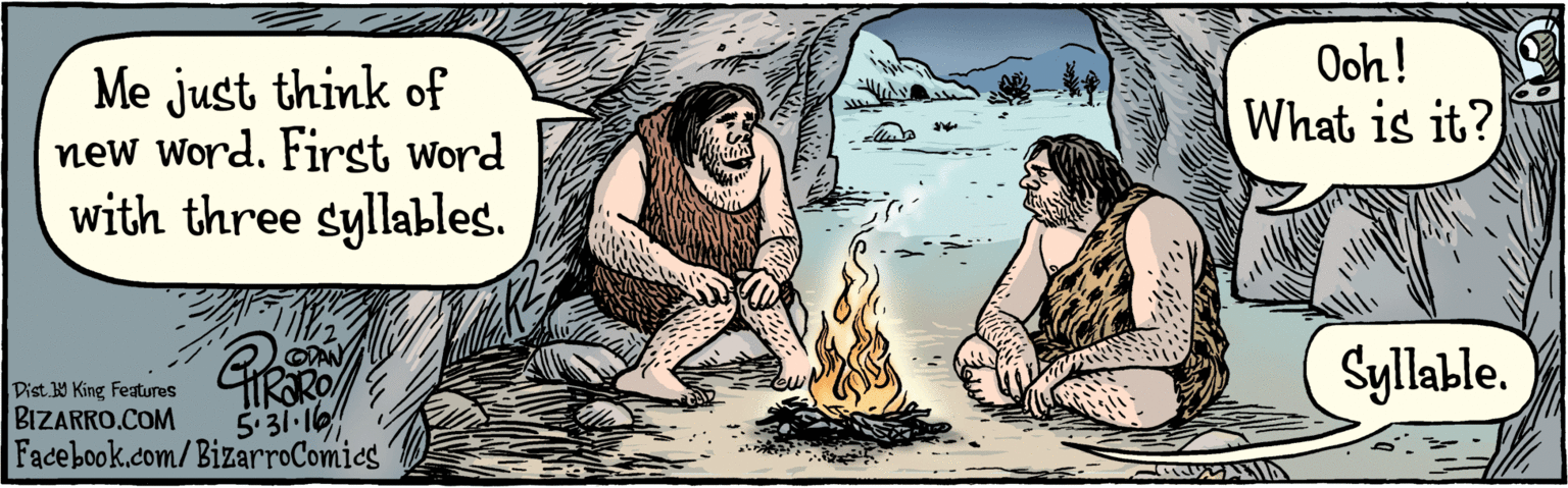 Publication OCR: BIZARRO.COM Facebook.com/BizarroComies Dist Y King Features Me just think of new word. First word with three syllables. Ooh! What is it? 5.31-19 Syllable. BIZARRO.COM Facebook.com/BizarroComies Dist Y King Features Me just think of new word. First word with three syllables. Ooh! What is it? 5.31-19 Syllable.