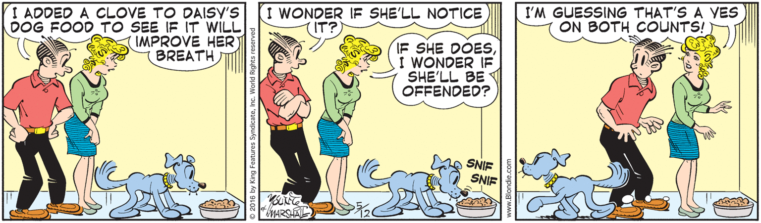 Humour OCR: I ADDED A CLOVE TO DAISY'S DOG FOOD TO SEE IF IT WILL IMPROVE HER BREATHI WONDER IF SHE'LL NOTICE I'M GUESSING THAT'S A VES ON BOTH COUNTS! IF SHE DOESI WONDER IF SHE'LL BE OFFENDED? SNIE SNIF MARSLET I ADDED A CLOVE TO DAISY'S DOG FOOD TO SEE IF IT WILL IMPROVE HER BREATHI WONDER IF SHE'LL NOTICE I'M GUESSING THAT'S A VES ON BOTH COUNTS! IF SHE DOESI WONDER IF SHE'LL BE OFFENDED? SNIE SNIF MARSLET