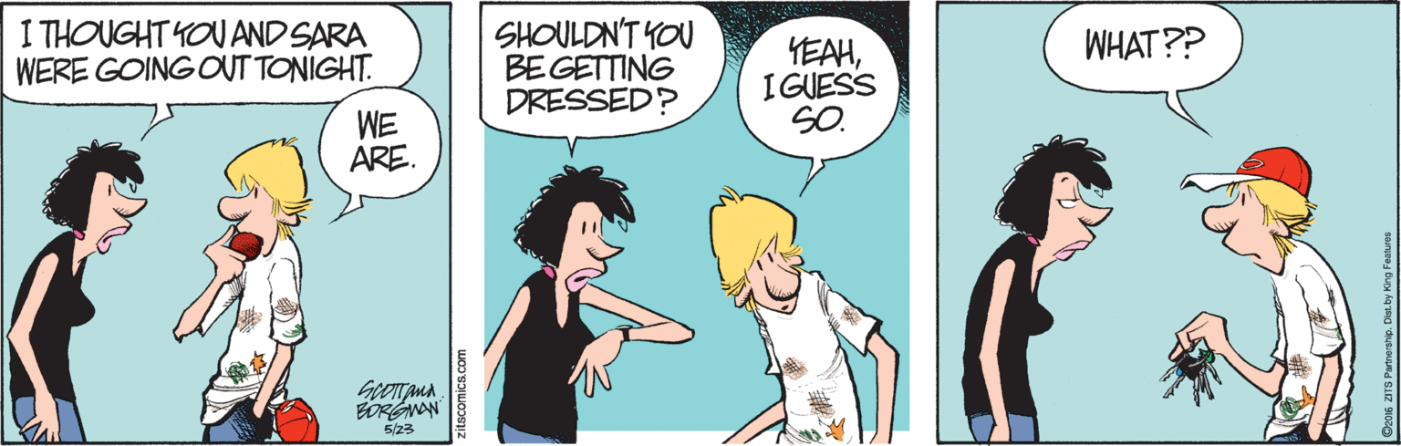 Parallel OCR: I THOUGHT YOU AND SARA WERE GOING OUT TONIGHT. SHOULDN'T YOU BEGETTING DRESSED? WHAT?? YEAHI GUESS SO. WE ARE. ORGNAN 5/23 I THOUGHT YOU AND SARA WERE GOING OUT TONIGHT. SHOULDN'T YOU BEGETTING DRESSED? WHAT?? YEAHI GUESS SO. WE ARE. ORGNAN 5/23