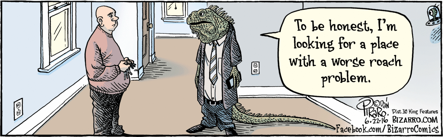 Animation OCR: BIZARRO.COM Facebook.com/BizarroComics Dist Y King Features To be honestI'm looking for a place with a worge roach problem. 6-22:16 BIZARRO.COM Facebook.com/BizarroComics Dist Y King Features To be honestI'm looking for a place with a worge roach problem. 6-22:16