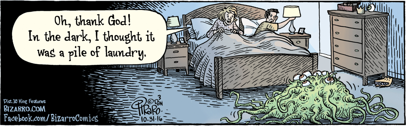 Illustration OCR: BIZARRO.COM Facebook.com/BizarroComics Dist Y King featuras Ohthank God! In the darkI thought it Was a pile of laundry. ORON HRORO 10-31-16 BIZARRO.COM Facebook.com/BizarroComics Dist Y King featuras Ohthank God! In the darkI thought it Was a pile of laundry. ORON HRORO 10-31-16