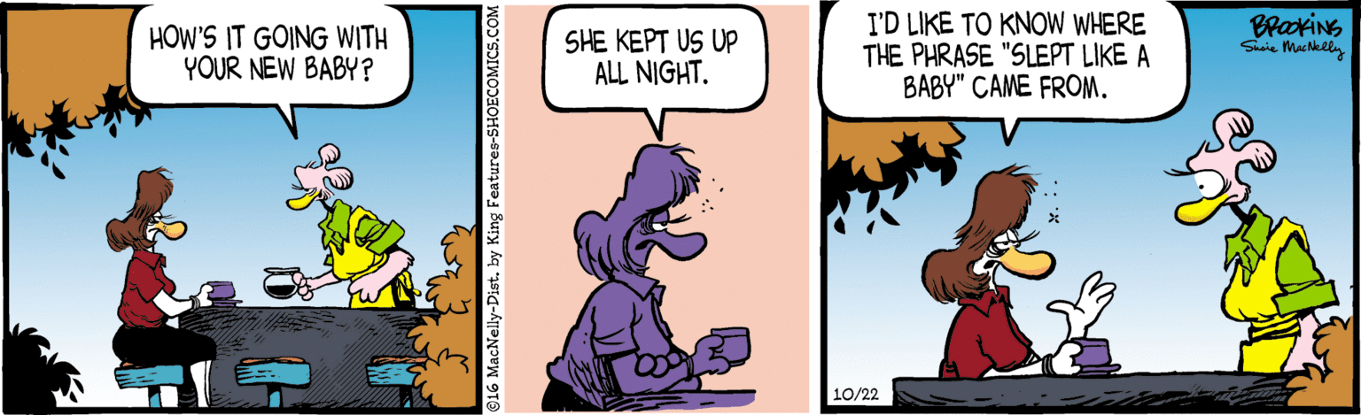 Rectangle OCR: HOW'S IT GOING WITH YOUR NEW BABY? SHE KEPT US UP ALL NIGHT. I'D LIKE TO KNOW WHERE THE PHRASE "SLEPT LIKE A BABY" CAME FROM. BrakiNG Sasie Machklly 10/22 916 MacNelly-Dist. by King Features-S! HOW'S IT GOING WITH YOUR NEW BABY? SHE KEPT US UP ALL NIGHT. I'D LIKE TO KNOW WHERE THE PHRASE "SLEPT LIKE A BABY" CAME FROM. BrakiNG Sasie Machklly 10/22 916 MacNelly-Dist. by King Features-S!