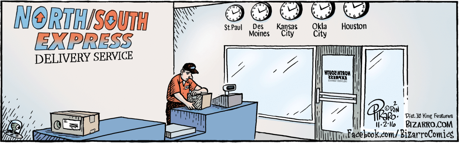 Sitting OCR: BIZARRO.COM Facebook.com/BizarroComies Dist Y King Features NORTH/SOUTH EXPRESS OVAN KORO DELIVERY SERVICE 12 1 10 12 12 10 10 8 8 4. 16 Des Kansas Okla Houston Moines City City 76 5 6 St. Paul BIZARRO.COM Facebook.com/BizarroComies Dist Y King Features NORTH/SOUTH EXPRESS OVAN KORO DELIVERY SERVICE 12 1 10 12 12 10 10 8 8 4. 16 Des Kansas Okla Houston Moines City City 76 5 6 St. Paul