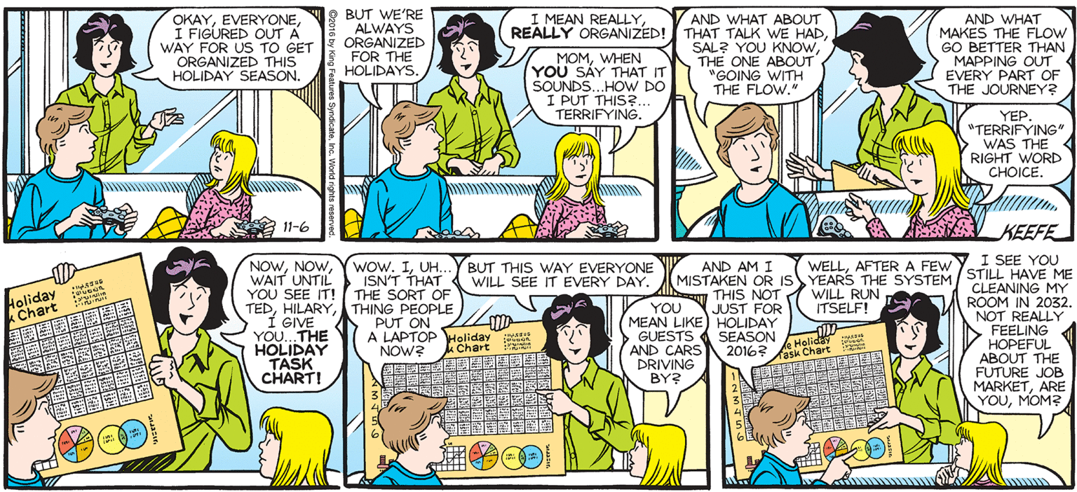 Interaction OCR: SALLY FORTH OKAYI FIGURED OUT A WAY FOR US TO GET ORGANIZED THIS HOLIDAY SEASON. BUT WE'RE ALWAYS ORGANIZED FOR THE * HOLIDAYS. I MEAN REALLYl by Francesco Marciuliang AND WHAT ABOUT REALLY ORGANIZED! THAT TALK WE HADTHE ONE ABOUT "GOING WITH THE FLOW." MOMWHEN V YOU SÁY THAT IT SOUNDS. HOW DO I PUT THIS. TERRIFYING. AND WHAT MAKES THE FLOW GO BETTER THAN MAPPING OUT EVERY PART OF THE JOURNEY? YEP. "TERRIFYING" WAS THE RIGHT WORD CHOICE. DONE AND DONE! 11-6 KEEFE I SEE YOU Ywow. IUH. ISN'T THAT !( THE SORT OF NOWWAIT UNTIL YOU SEE IT! TEDTHING PEOPLE 1 GIVE YOU...THE HOLIDAY TASK CHART! BUT THIS WAY EVERYONE WILL SEE IT EVERY DAY. AND AM I WELLAFTERA FEW MISTAKEN OR ISYEARS THE SYSTEM/ STILL HAVE ME CLEANING MY ROOM IN 2032. NOT REALLY FEELING HOPEFUL ABOUT THE FUTURE JOB MARKETARE YOUMOM? Holiday k Chart WILL RUN ITSELF! THIS NOT JUST FOR MEAN LIKE) HOLIDAY GUESTS SEASON Holida AND CARS 2016 Achart YOU PUT ON A LAPTOP Holiday NOW? ?? Chart dask Chart ? ? DRIVING BY? N?? E ? ?? SALLY FORTH OKAYI FIGURED OUT A WAY FOR US TO GET ORGANIZED THIS HOLIDAY SEASON. BUT WE'RE ALWAYS ORGANIZED FOR THE * HOLIDAYS. I MEAN REALLYl by Francesco Marciuliang AND WHAT ABOUT REALLY ORGANIZED! THAT TALK WE HADSAL? YOU KNOWTHE ONE ABOUT "GOING WITH THE FLOW." MOMWHEN V YOU SÁY THAT IT SOUNDS. HOW DO I PUT THIS. TERRIFYING. AND WHAT MAKES THE FLOW GO BETTER THAN MAPPING OUT EVERY PART OF THE JOURNEY? YEP. "TERRIFYING" WAS THE RIGHT WORD CHOICE. DONE AND DONE! 11-6 KEEFE I SEE YOU Ywow. IUH. ISN'T THAT !( THE SORT OF NOWWAIT UNTIL YOU SEE IT! TEDTHING PEOPLE 1 GIVE YOU...THE HOLIDAY TASK CHART! BUT THIS WAY EVERYONE WILL SEE IT EVERY DAY. AND AM I WELLAFTERA FEW MISTAKEN OR ISYEARS THE SYSTEM/ STILL HAVE ME CLEANING MY ROOM IN 2032. NOT REALLY FEELING HOPEFUL ABOUT THE FUTURE JOB MARKETARE YOUMOM? Holiday k Chart WILL RUN ITSELF! THIS NOT JUST FOR MEAN LIKE) HOLIDAY GUESTS SEASON Holida AND CARS 2016 Achart YOU PUT ON A LAPTOP Holiday NOW? ? ? Chart dask Chart ? ? DRIVING BY? N ? ? E ? ??