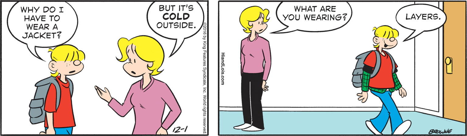 Sharing OCR: BUT IT'S COLD OUTSIDE. WHAT ARE WHY DO I HAVE TO WEAR A JACKET? YOU WEARING? LAYERS. HiandLois.con BUT IT'S COLD OUTSIDE. WHAT ARE WHY DO I HAVE TO WEAR A JACKET? YOU WEARING? LAYERS. HiandLois.con