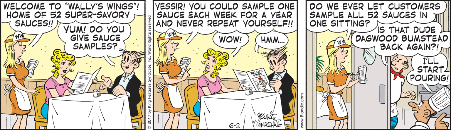 Rectangle OCR: WELCOME TO "WALLY'S WINGS"! HOME OF 52 SUPER-SAVORY SAUCES! YESSIR! YOU COULD SAMPLE ONE SAUCE EACH WEEK FOR A YEAR AND NEVER REPEAT YOURSELF! DO WE EVER LET CUSTONMERS SAMPLE ALL 52 SAUCES IN ONE SITTING? YUM! DO YOu GIVE SAUCE SAMPLES? IS THAT DUDE DAGWOOD BUMSTEAD BACK AGAIN?! WOW! HMM... I'LL STARTA POURING! 6-2 ARSHAL WELCOME TO "WALLY'S WINGS"! HOME OF 52 SUPER-SAVORY SAUCES! YESSIR! YOU COULD SAMPLE ONE SAUCE EACH WEEK FOR A YEAR AND NEVER REPEAT YOURSELF! DO WE EVER LET CUSTONMERS SAMPLE ALL 52 SAUCES IN ONE SITTING? YUM! DO YOu GIVE SAUCE SAMPLES? IS THAT DUDE DAGWOOD BUMSTEAD BACK AGAIN?! WOW! HMM... I'LL STARTA POURING! 6-2 ARSHAL