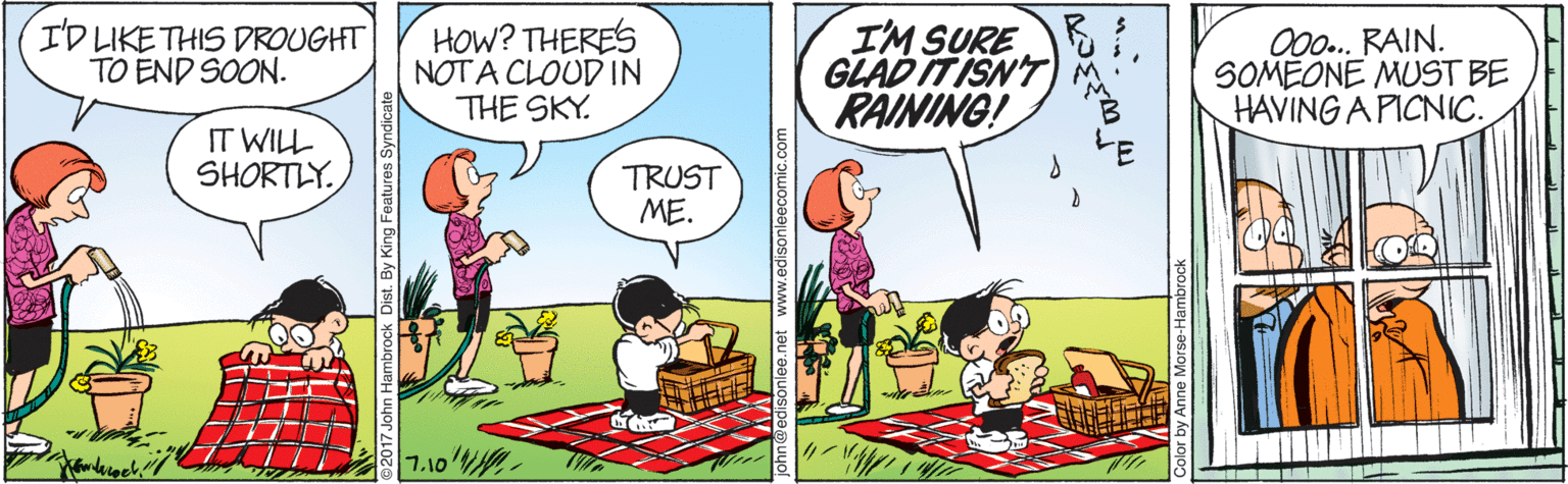 Animated cartoon OCR: I'D LIKE THIS DROUGHT TO END SOON. HOW? THERES NOTA CLOUD IN THE SKY. I'M SURE GLAD IT ISN'T RAINING! 000. RAIN. SOMEONE MUST BE HAVING A PICNIC. IT WILL SHORTLY. TRUST ME. ? ?1 .? I'D LIKE THIS DROUGHT TO END SOON. HOW? THERES NOTA CLOUD IN THE SKY. I'M SURE GLAD IT ISN'T RAINING! 000. RAIN. SOMEONE MUST BE HAVING A PICNIC. IT WILL SHORTLY. TRUST ME. ? ?1 .?