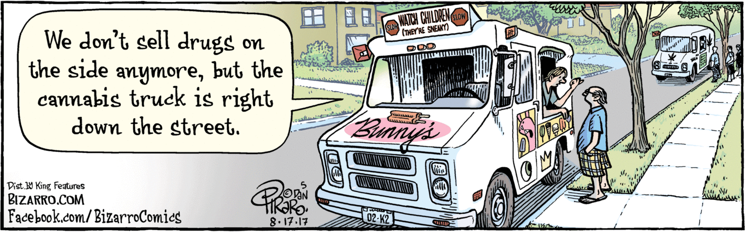 Art OCR: BIZARRO.COM Facebook.com/BizarroComics Dist Y King Fealures We don't sell drugs on the side anymorebut the cannabis truck is right down the street. ?? WATCH CHILDREN CLOW SLOW (THEY'RE SNEAKY) Bany's 02 KZ 8.17-17 BIZARRO.COM Facebook.com/BizarroComics Dist Y King Fealures We don't sell drugs on the side anymorebut the cannabis truck is right down the street. ? ? WATCH CHILDREN CLOW SLOW (THEY'RE SNEAKY) Bany's 02 KZ 8.17-17