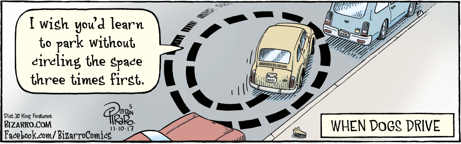 Urban design OCR: BIZARRO.COM Facebook.com/BizarroComics Dist 9 King features I wish you'd learn to park without cireling the space three times first. WOOF WHEN DOGS DRIVE 11.10.17 BIZARRO.COM Facebook.com/BizarroComics Dist 9 King features I wish you'd learn to park without cireling the space three times first. WOOF WHEN DOGS DRIVE 11.10.17