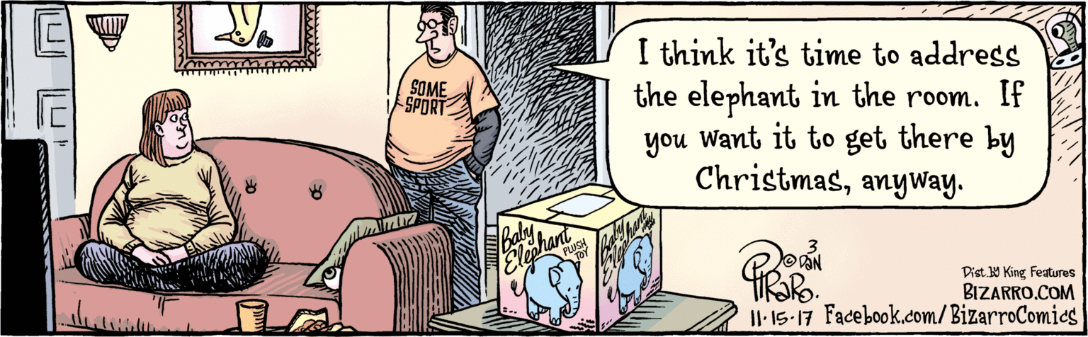Humour OCR: BIZARRO.COM Facebook.com/BizarroComies Dist 9 King Features I think it's time to address the elephant in the room. If you want it to get there by ChristmasanyWay. SOME SPORT Baly Elephant PLUSH TOY HRako.15-17 BIZARRO.COM Facebook.com/BizarroComies Dist 9 King Features I think it's time to address the elephant in the room. If you want it to get there by ChristmasanyWay. SOME SPORT Baly Elephant PLUSH TOY HRako.15-17