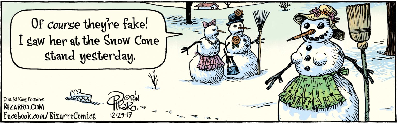Event OCR: BIZARRO.COM Facebook.com/BizarroComics Dist. Y King Features Of course theyre fake! I saw her at the Snow Cone stand yesterday. 12-29-17 ?? BIZARRO.COM Facebook.com/BizarroComics Dist. Y King Features Of course theyre fake! I saw her at the Snow Cone stand yesterday. 12-29-17 ? ?