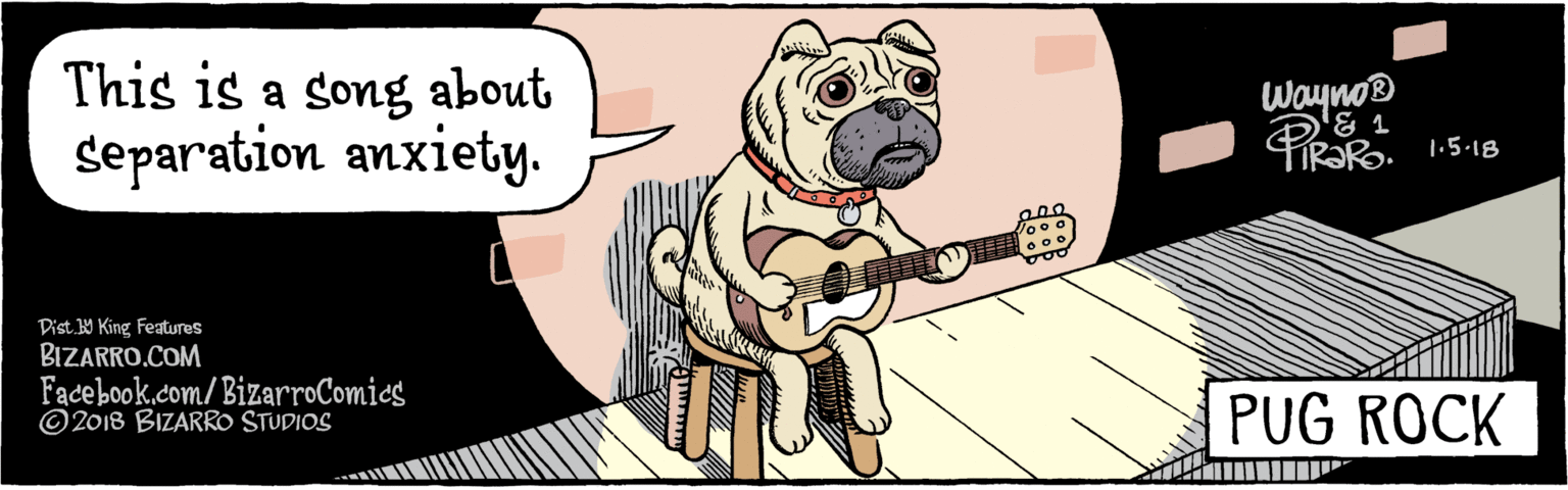 Terrestrial animal OCR: BIZARRO.COM Facebook.com/BizarroComics Dist. 9 King Features This is a song about Separation anxiety. Wayno® 1.5-18 PUG ROCK ©2018 BIZARRO STUDIOS BIZARRO.COM Facebook.com/BizarroComics Dist. 9 King Features This is a song about Separation anxiety. Wayno® 1.5-18 PUG ROCK ©2018 BIZARRO STUDIOS
