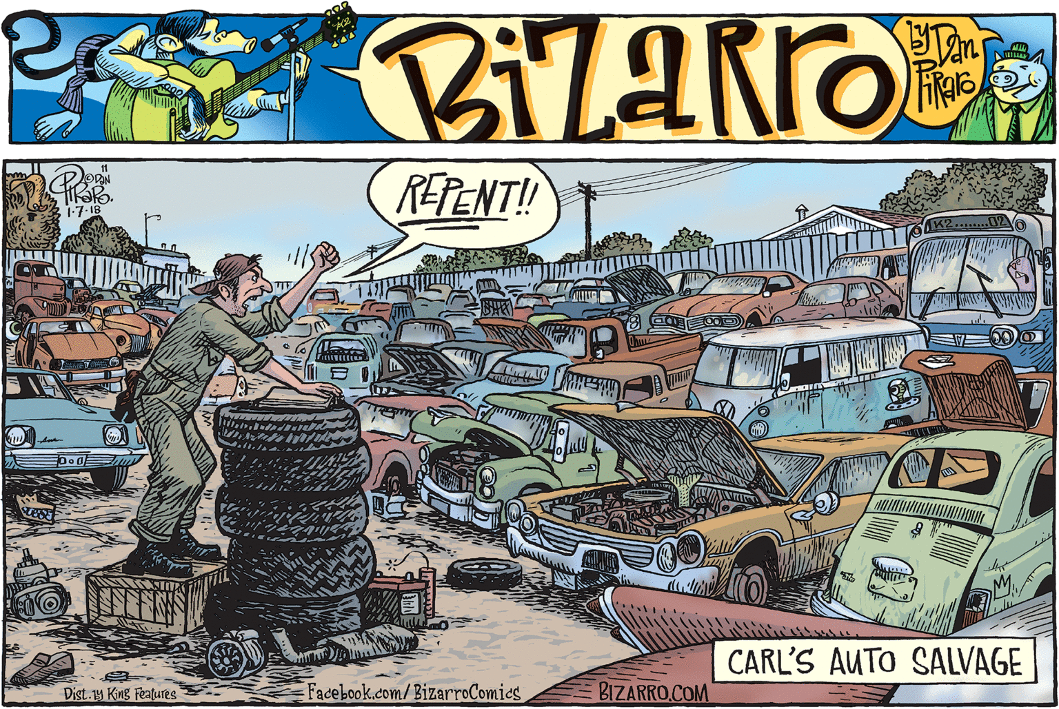 Illustration OCR: REPENT! 1-7-18 CARL'S AUTO SALVAGE Dist.y King Features Facebook.com/BizarroComies BIZARRO.COM REPENT! 1-7-18 CARL'S AUTO SALVAGE Dist.y King Features Facebook.com/BizarroComies BIZARRO.COM