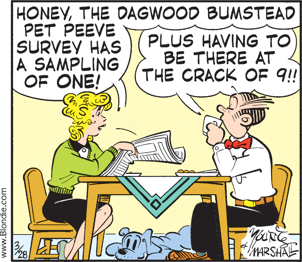 Parallel OCR: HONEYTHE DAGWOOD BUMSTEAD PET PEEVE SURVEY HAS A SAMPLING OF ONE! PLUS HAVING TO BE THERE AT THE CRACK OF 9! 28 MARSHAL www.Blondie.com HONEYTHE DAGWOOD BUMSTEAD PET PEEVE SURVEY HAS A SAMPLING OF ONE! PLUS HAVING TO BE THERE AT THE CRACK OF 9! 28 MARSHAL www.Blondie.com