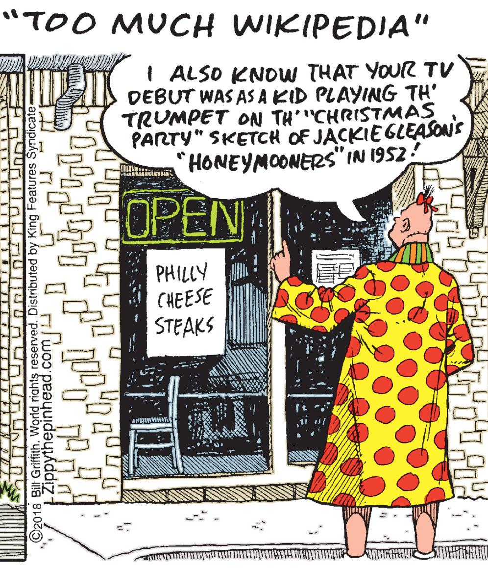 Conversation OCR: "TOO MUCH WIKIPEDIA" I ALSO KNOW THAT YOUR TV DEBUT WAS AS A KID PLAYING TH' TRUMPET ON THCHRISTMAS PARTY" SKETCH OF JACKIEGLEASONS "HONEYMOONERS" IN 1952! OPEN PHILLY CHEESE STEAKS ? ? ©2018 Bill Griffith. World riahts reserved. Distributed by King Features Synd Zippythepinhead.com "TOO MUCH WIKIPEDIA" I ALSO KNOW THAT YOUR TV DEBUT WAS AS A KID PLAYING TH' TRUMPET ON THCHRISTMAS PARTY" SKETCH OF JACKIEGLEASONS "HONEYMOONERS" IN 1952! OPEN PHILLY CHEESE STEAKS ? ? ©2018 Bill Griffith. World riahts reserved. Distributed by King Features Synd Zippythepinhead.com