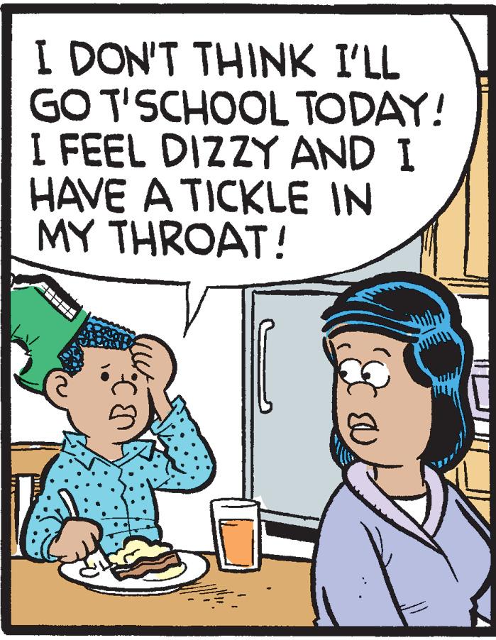 Parallel OCR: I DON'T THINK I'LL GO T'SCHOOL TODAY! I FEEL DIZZY AND I HAVE A TICKLE IN MY THROAT! I DON'T THINK I'LL GO T'SCHOOL TODAY! I FEEL DIZZY AND I HAVE A TICKLE IN MY THROAT!