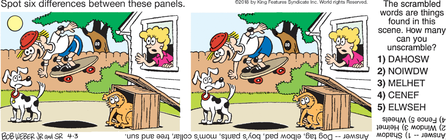Mode of transport OCR: Spot six differences between these panels. ©2018 by King Features Syndicate Inc. World rights Reserved. The scrambled words are things found in this scene. How many can you unscramble? 1) DAHOSW 2) NOIWDW 3) MELHET 4) CENEF 5) ELWSEH 4) Fence 5) Wheels 2) Window 3) Helmet Answer - 1) Shadow Answer -- Dog tagtree and sun. BOB WEBER JR and SR 4.3 Spot six differences between these panels. ©2018 by King Features Syndicate Inc. World rights Reserved. The scrambled words are things found in this scene. How many can you unscramble? 1) DAHOSW 2) NOIWDW 3) MELHET 4) CENEF 5) ELWSEH 4) Fence 5) Wheels 2) Window 3) Helmet Answer - 1) Shadow Answer -- Dog tagelbow padboy's pantsmom's collartree and sun. BOB WEBER JR and SR 4.3