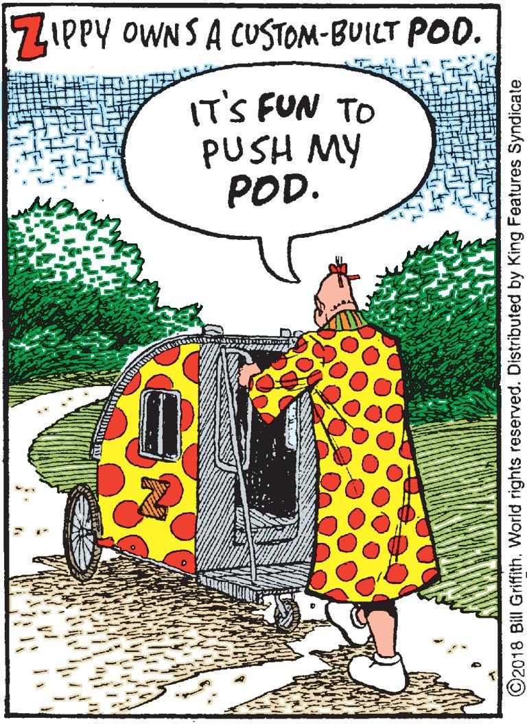 Illustration OCR: ZIPPY OWNSA CUSTOM-BUILT POD. IT'S FUN TO PUSH MY POD. ©2018 Bill Griffith. World rights reserved. Distributed by King Features Syndicate ZIPPY OWNSA CUSTOM-BUILT POD. IT'S FUN TO PUSH MY POD. ©2018 Bill Griffith. World rights reserved. Distributed by King Features Syndicate