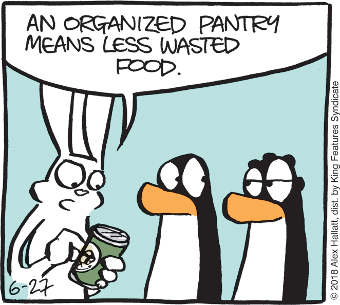 Line art OCR: AN ORGANIZED PANTRY MEANS LESS WASTED POOD. 6-27 © 2018 Alex Hallattdist. by King Features Syndicate AN ORGANIZED PANTRY MEANS LESS WASTED POOD. 6-27 © 2018 Alex Hallattdist. by King Features Syndicate