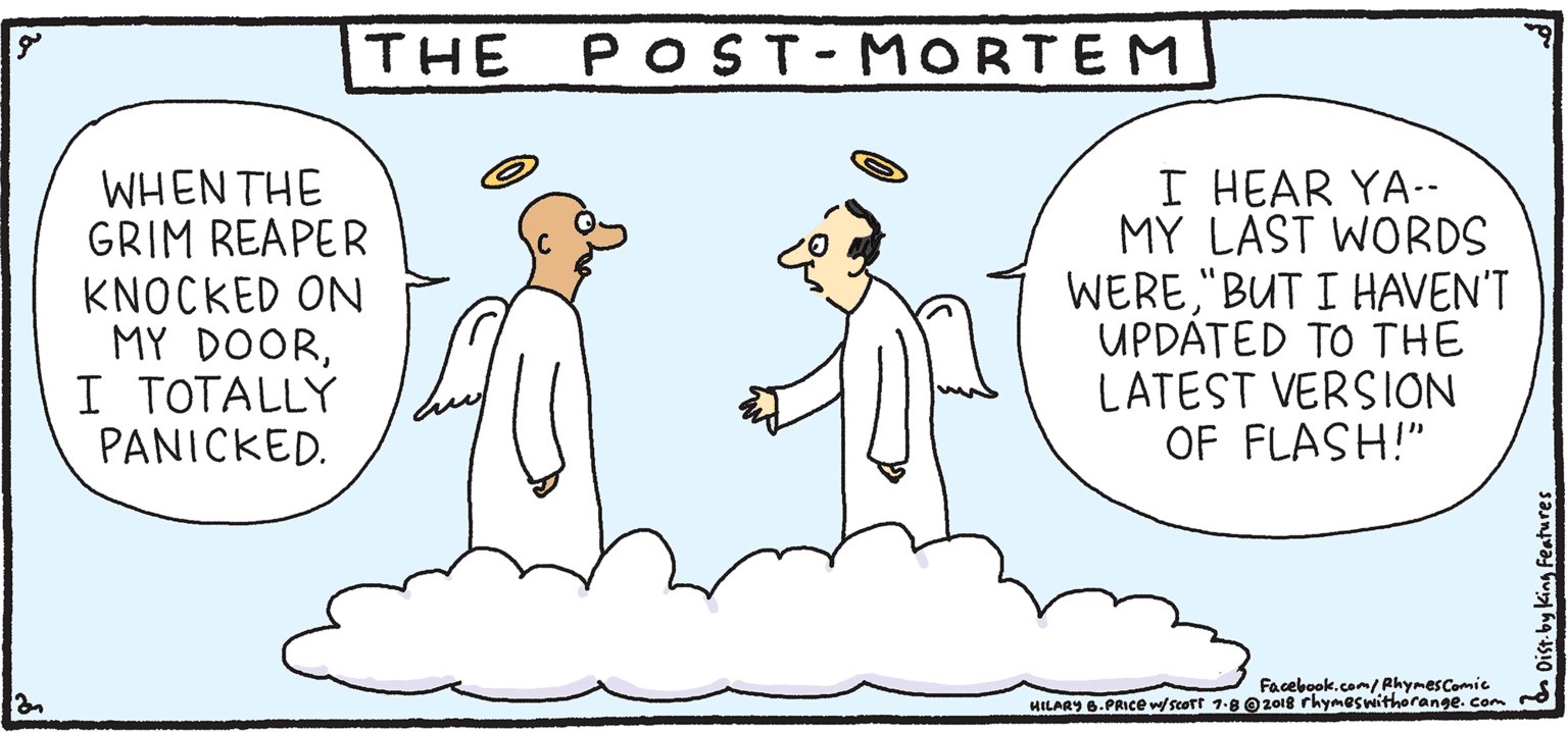 Line OCR: THE POST-MORTEM WHEN THE GRIM REAPER KNOCKED ON MY DOORI TOTALLY PANICKED. I HEAR YA-- MY LAST WORDS WERE"BUT I HAVEN'T UPDATED TO THE LATEST VERSION OF FLASH!" Rhymes FRESH PULPY with Orange HIL ARY B. PRICE Facebookcom/ Phymescomic MILARY 6.PRICE w scert 100201e rhymeswitherange. Com You won't believe what I heard this time. THE POST-MORTEM WHEN THE GRIM REAPER KNOCKED ON MY DOORI TOTALLY PANICKED. I HEAR YA-- MY LAST WORDS WERE"BUT I HAVEN'T UPDATED TO THE LATEST VERSION OF FLASH!" Rhymes FRESH PULPY with Orange HIL ARY B. PRICE Facebookcom/ Phymescomic MILARY 6.PRICE w scert 100201e rhymeswitherange. Com You won't believe what I heard this time.